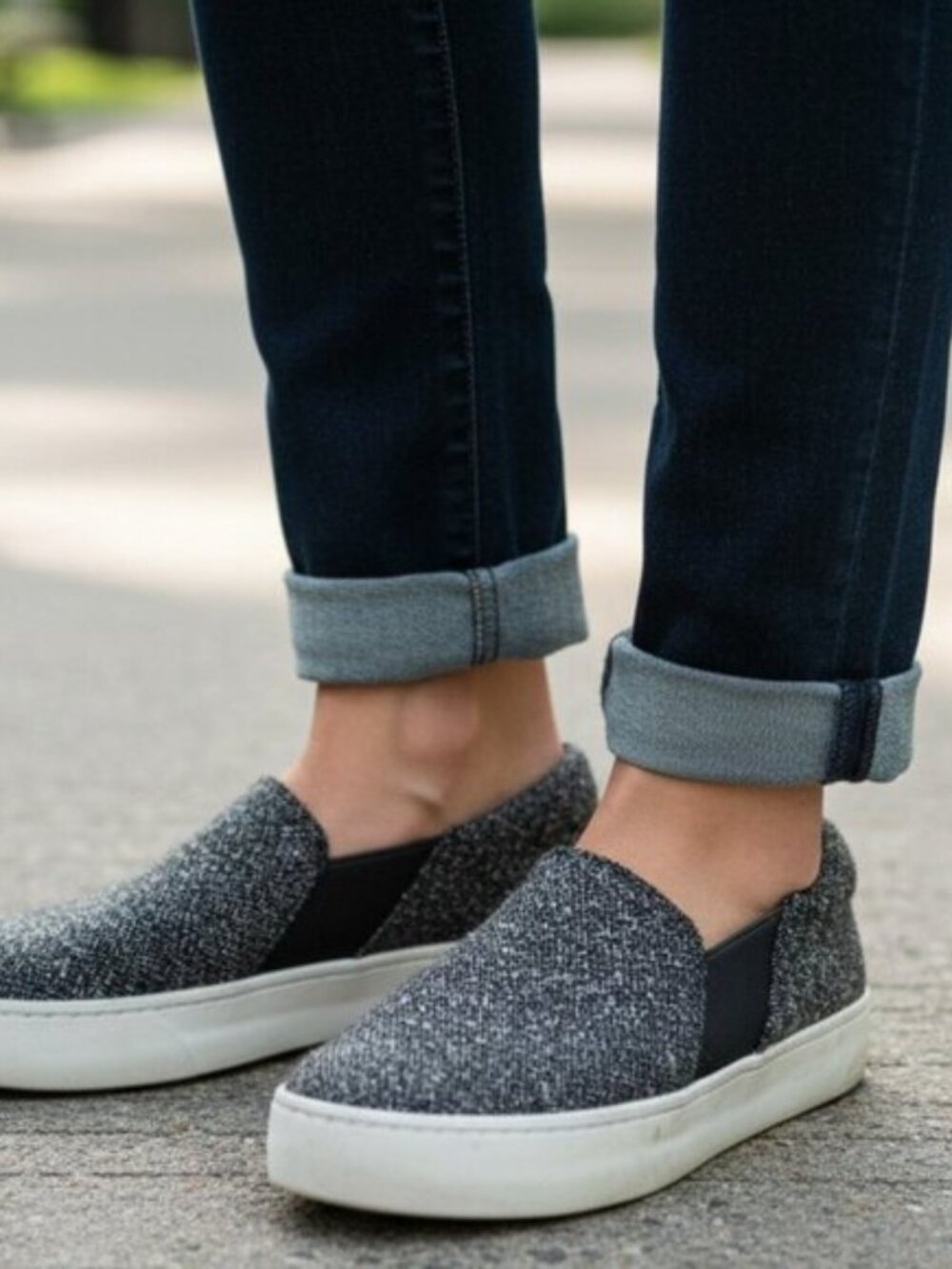 VINCE Warren Platform Sneakers 7 Boucle Knit Tweed Gray Black Slip On Trainers